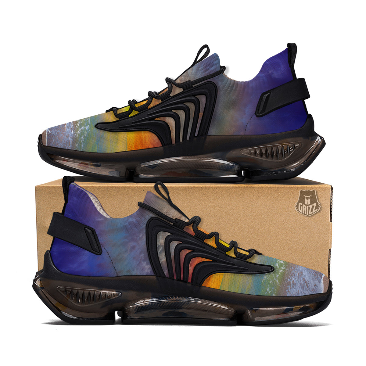 Sunset And Rainbow On Beach Print Black Gym Shoes-grizzshop