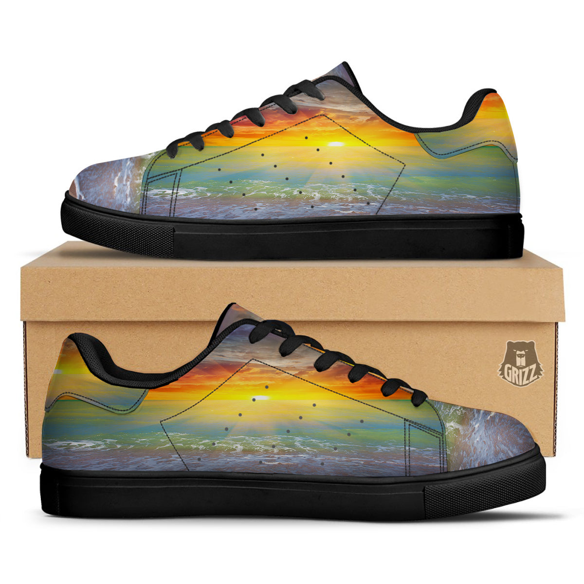 Sunset And Rainbow On Beach Print Black Low Top Sneakers-grizzshop