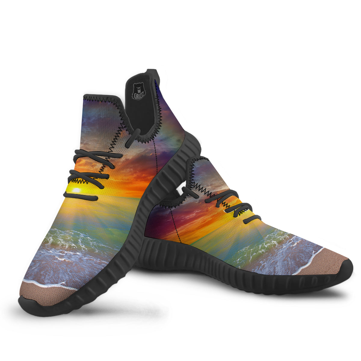 Sunset And Rainbow On Beach Print Black Walking Shoes-grizzshop