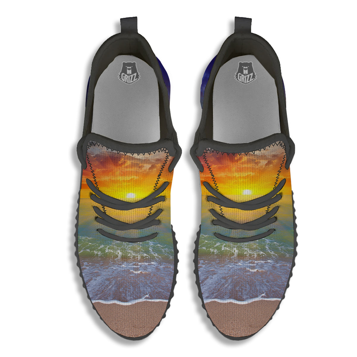 Sunset And Rainbow On Beach Print Black Walking Shoes-grizzshop