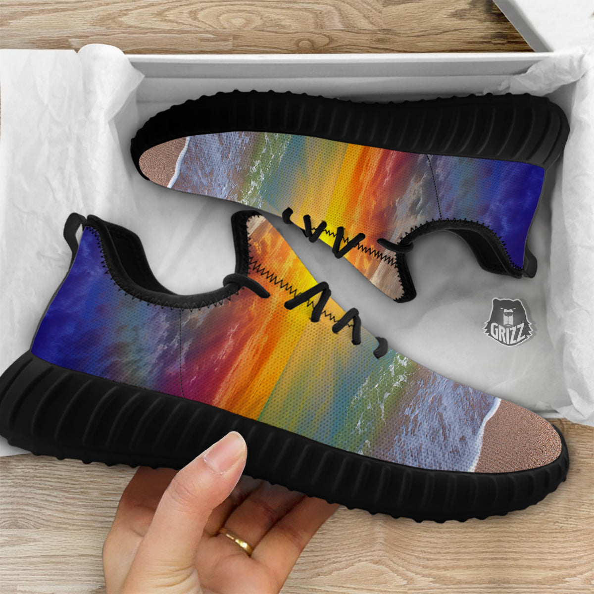 Sunset And Rainbow On Beach Print Black Walking Shoes-grizzshop
