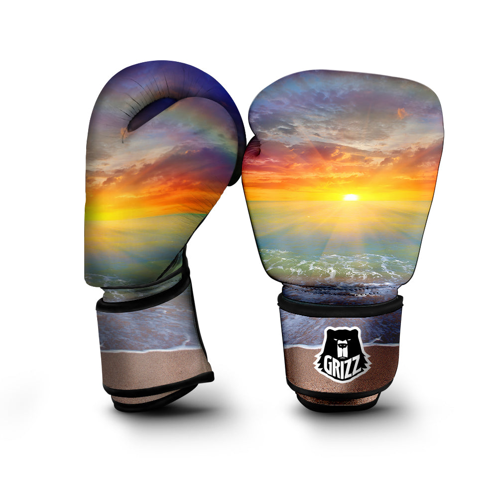 Sunset And Rainbow On Beach Print Boxing Gloves-grizzshop