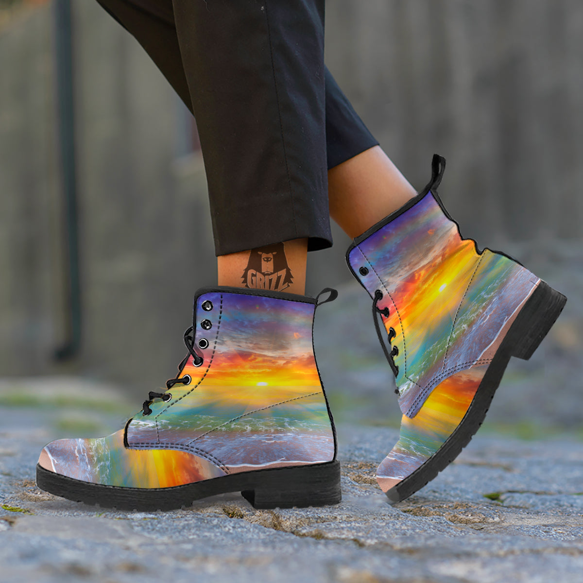 Sunset And Rainbow On Beach Print Leather Boots-grizzshop