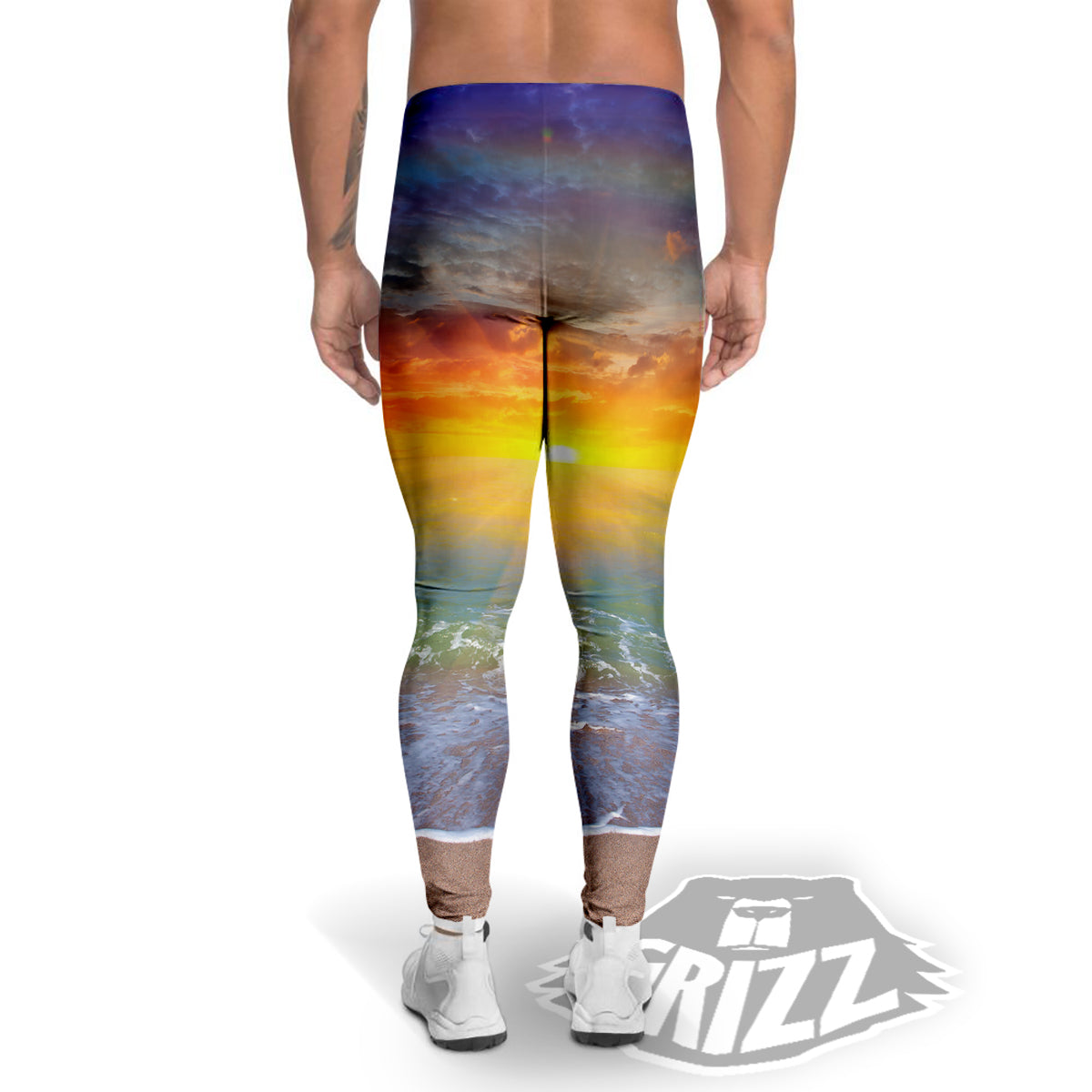 Sunset And Rainbow On Beach Print Men's Leggings-grizzshop