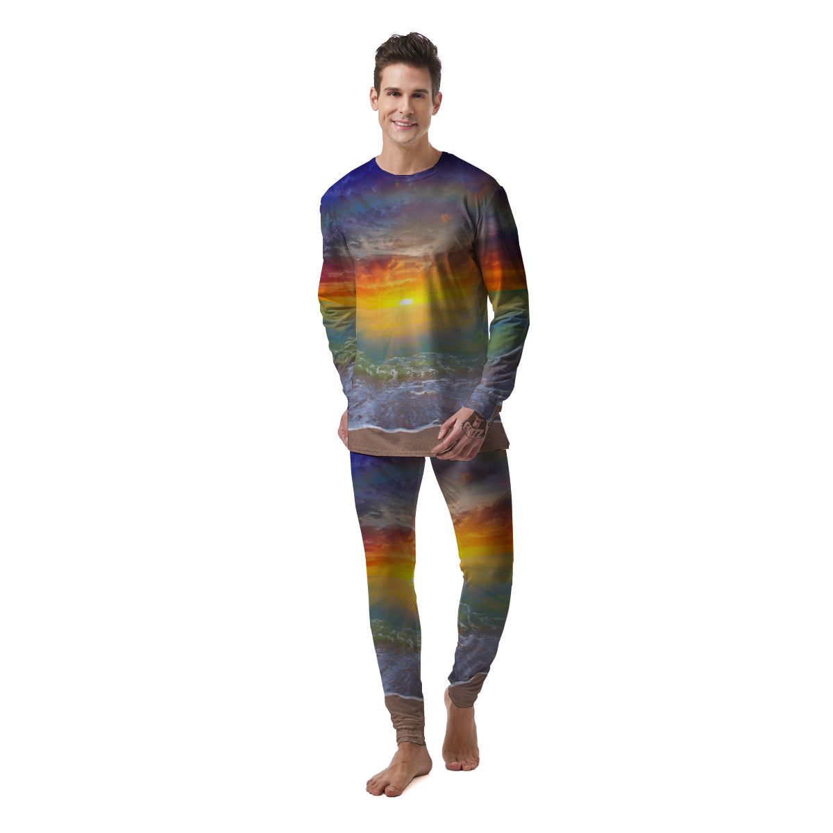 Sunset And Rainbow On Beach Print Men's Pajamas-grizzshop