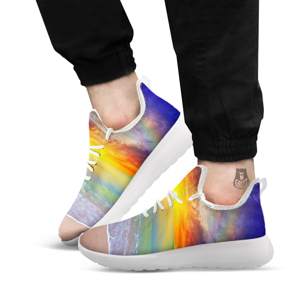 Sunset And Rainbow On Beach Print White Athletic Shoes-grizzshop