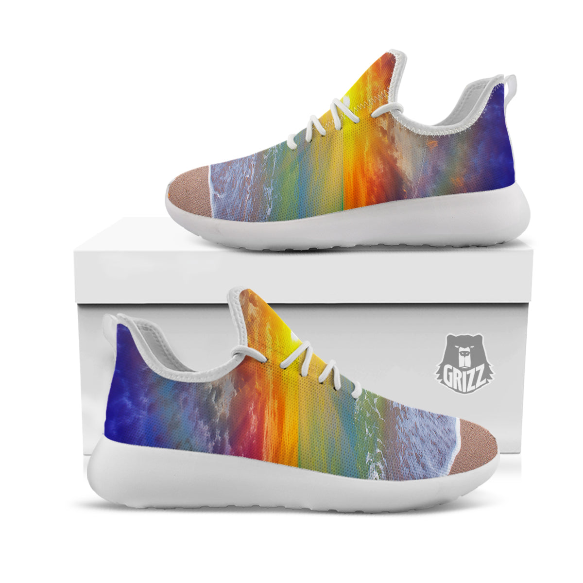 Sunset And Rainbow On Beach Print White Athletic Shoes-grizzshop