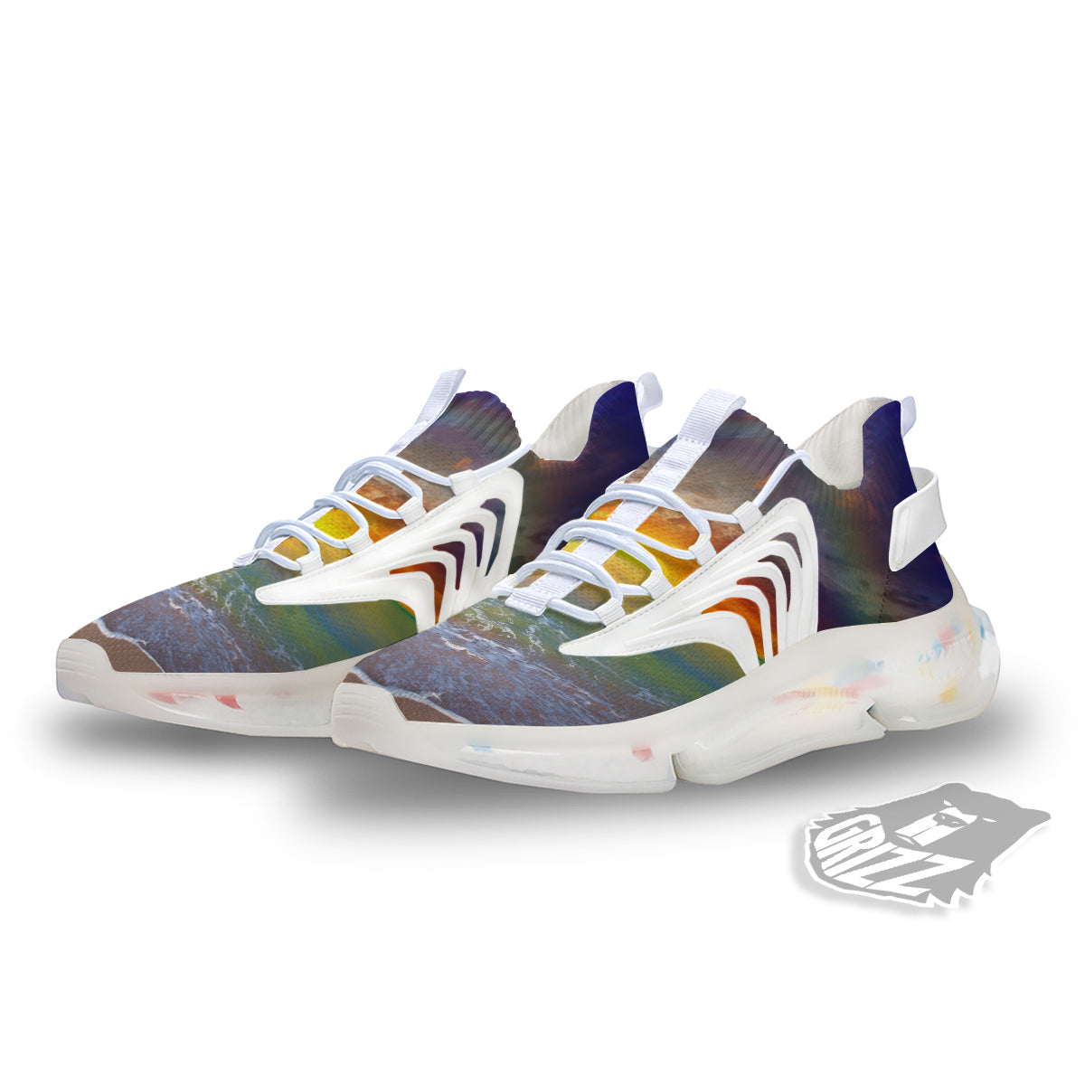 Sunset And Rainbow On Beach Print White Gym Shoes-grizzshop