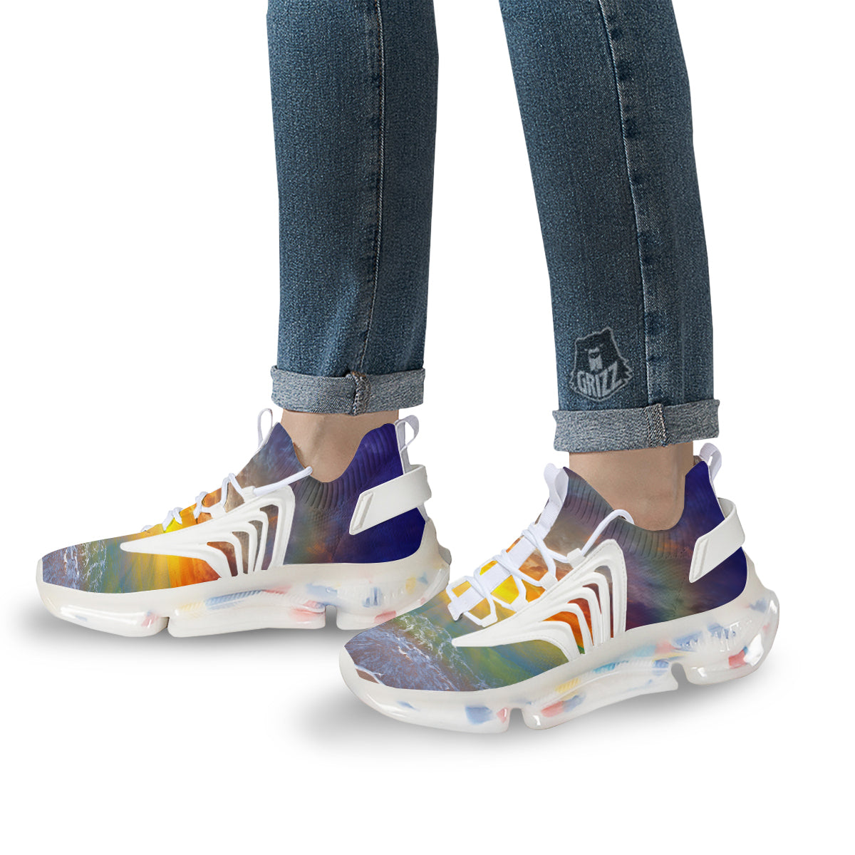 Sunset And Rainbow On Beach Print White Gym Shoes-grizzshop