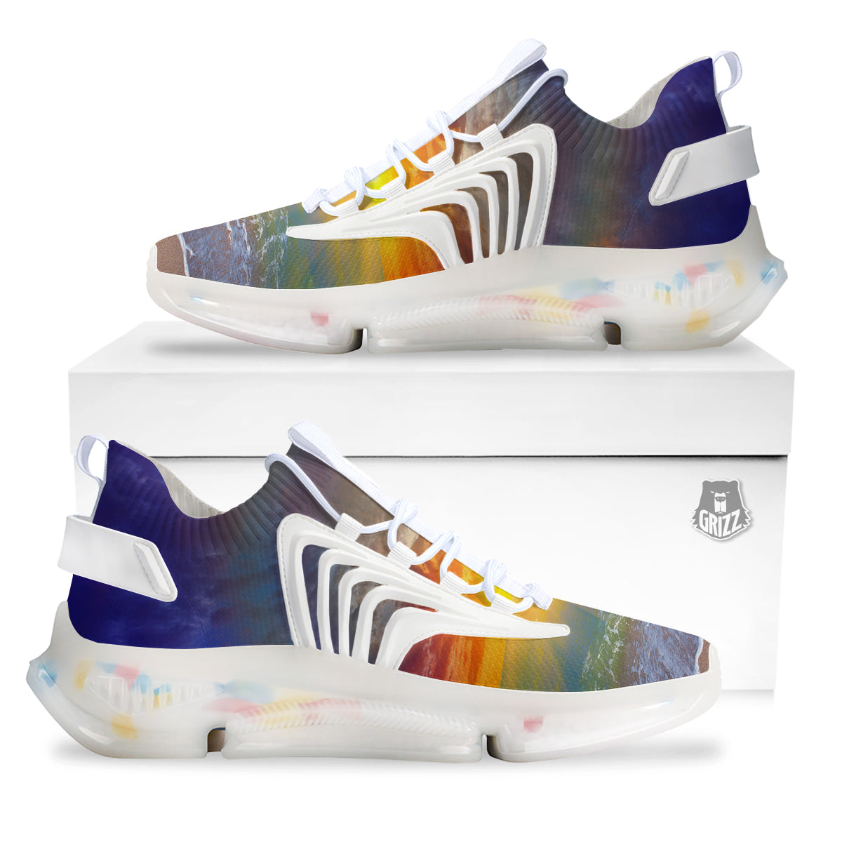 Sunset And Rainbow On Beach Print White Gym Shoes-grizzshop