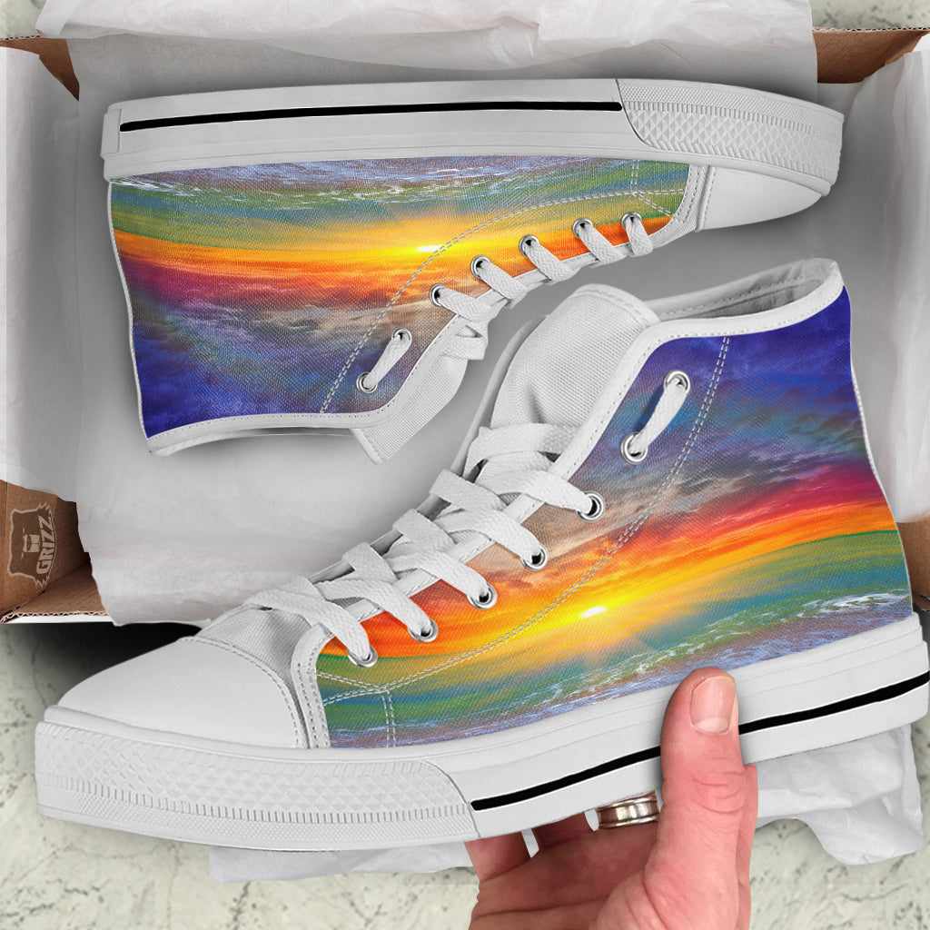 Sunset And Rainbow On Beach Print White High Top Shoes-grizzshop