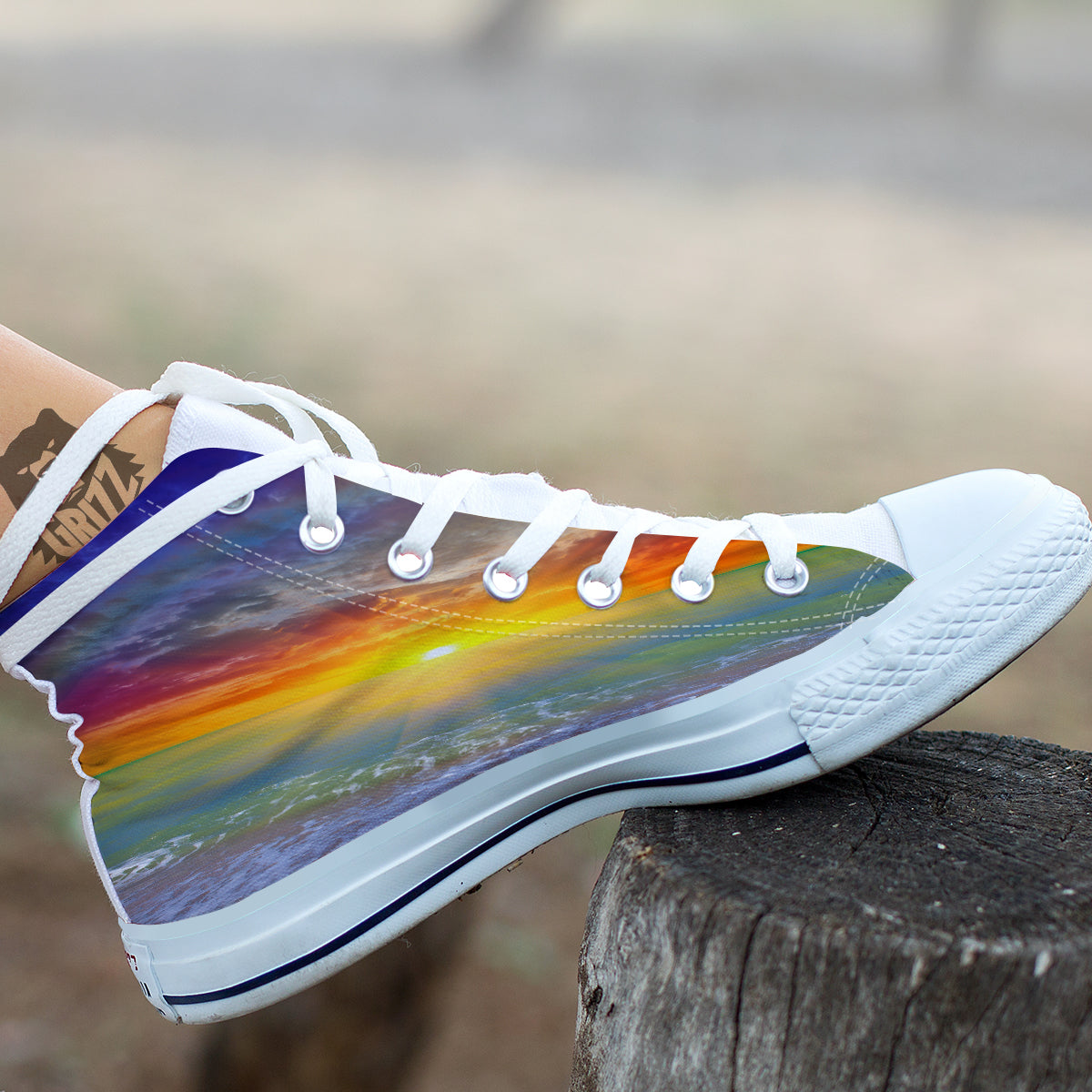 Sunset And Rainbow On Beach Print White High Top Shoes-grizzshop
