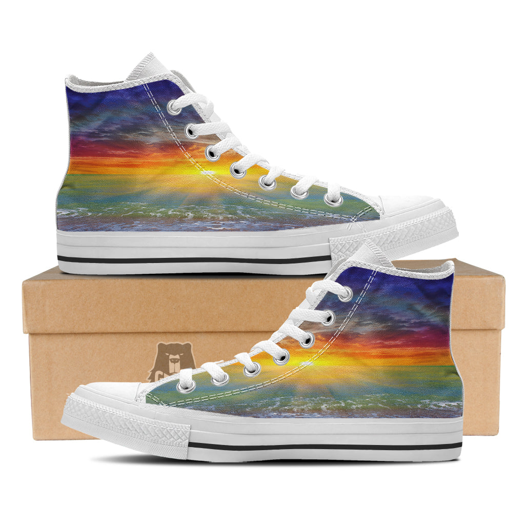 Sunset And Rainbow On Beach Print White High Top Shoes-grizzshop