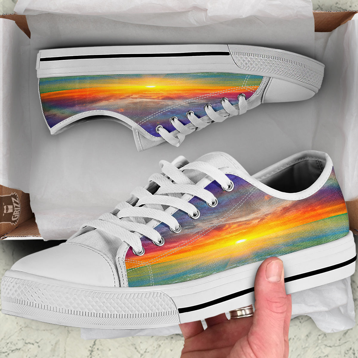 Sunset And Rainbow On Beach Print White Low Top Shoes-grizzshop