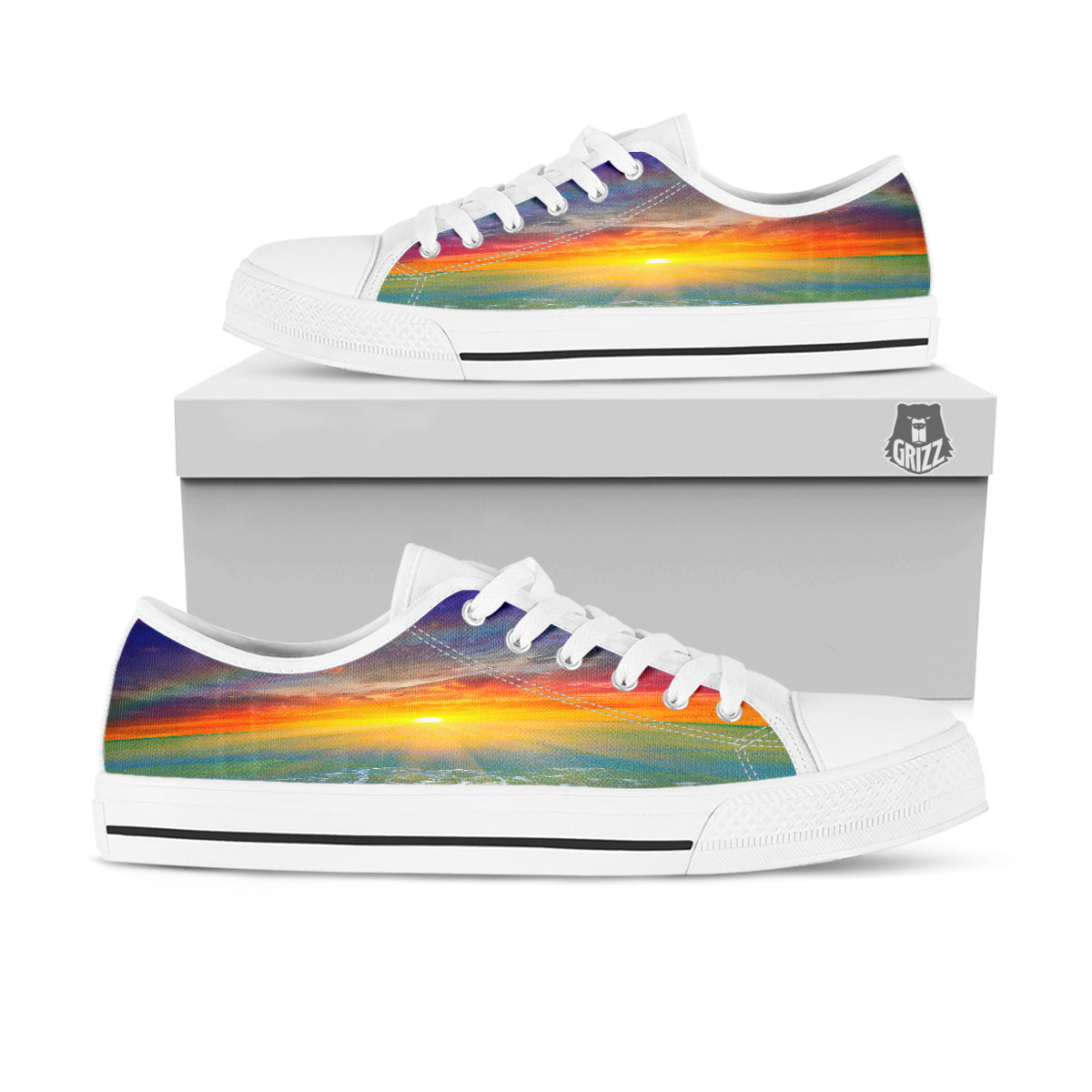 Sunset And Rainbow On Beach Print White Low Top Shoes-grizzshop