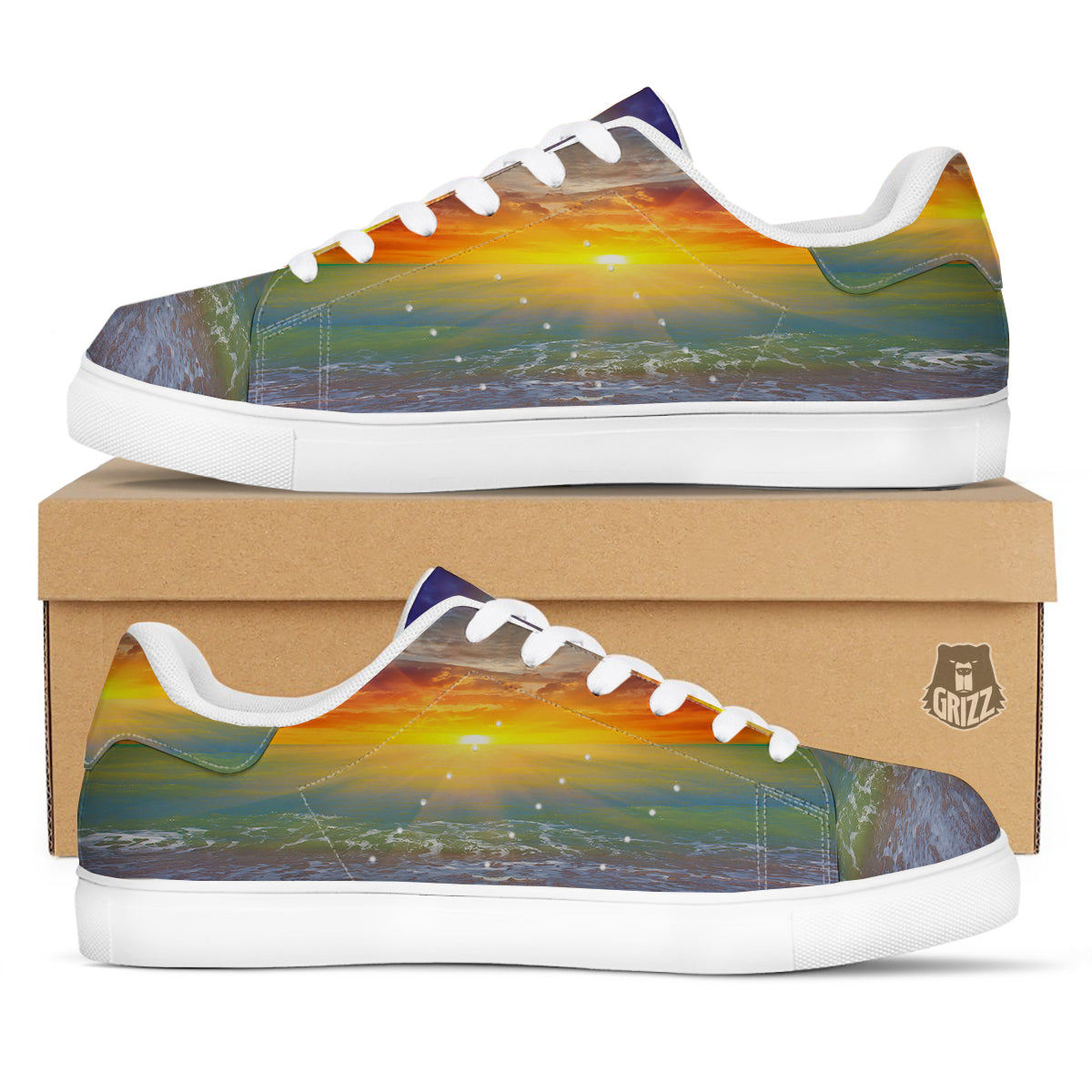 Sunset And Rainbow On Beach Print White Low Top Sneakers-grizzshop