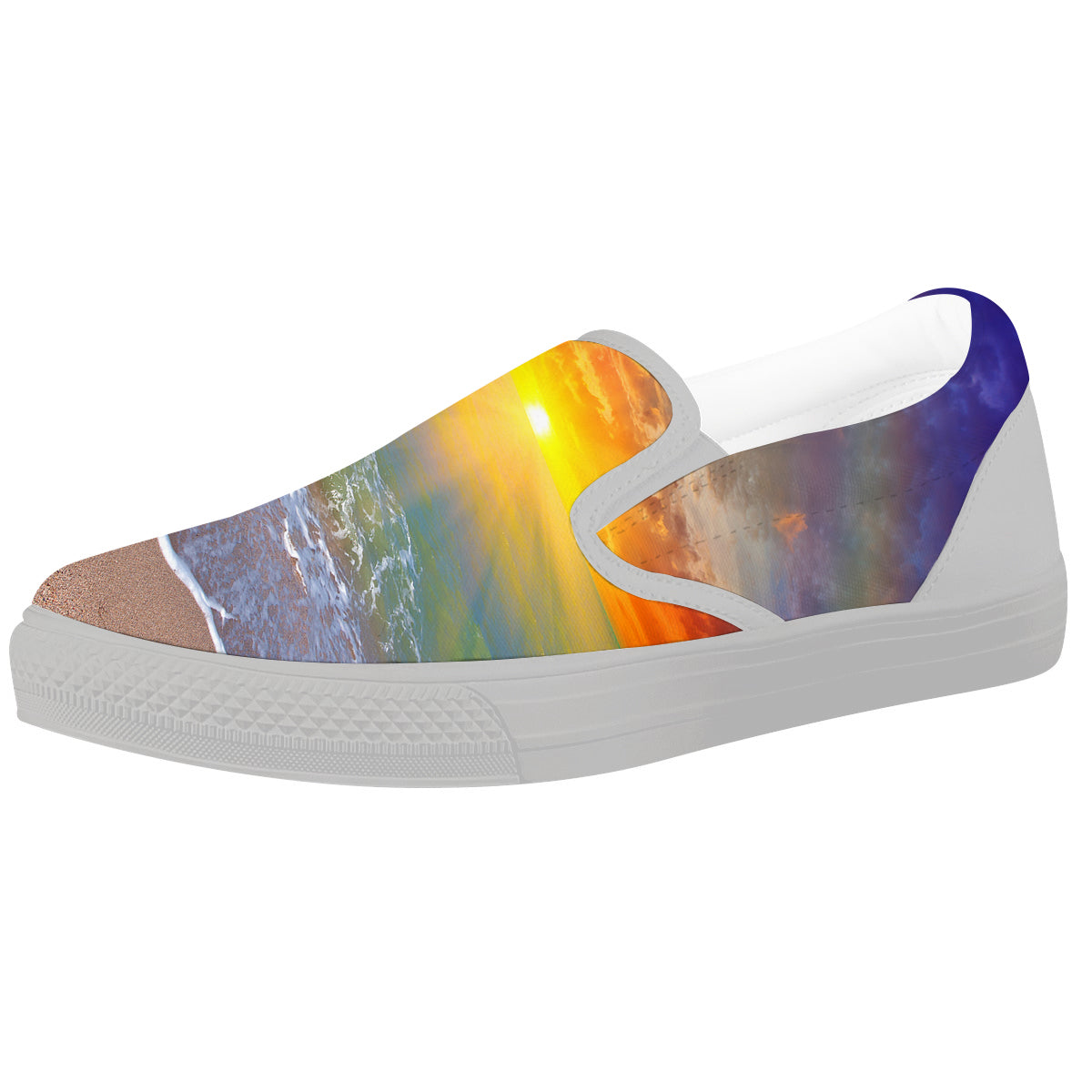 Sunset And Rainbow On Beach Print White Slip On Shoes-grizzshop