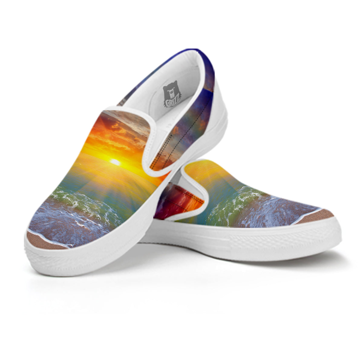 Sunset And Rainbow On Beach Print White Slip On Shoes-grizzshop