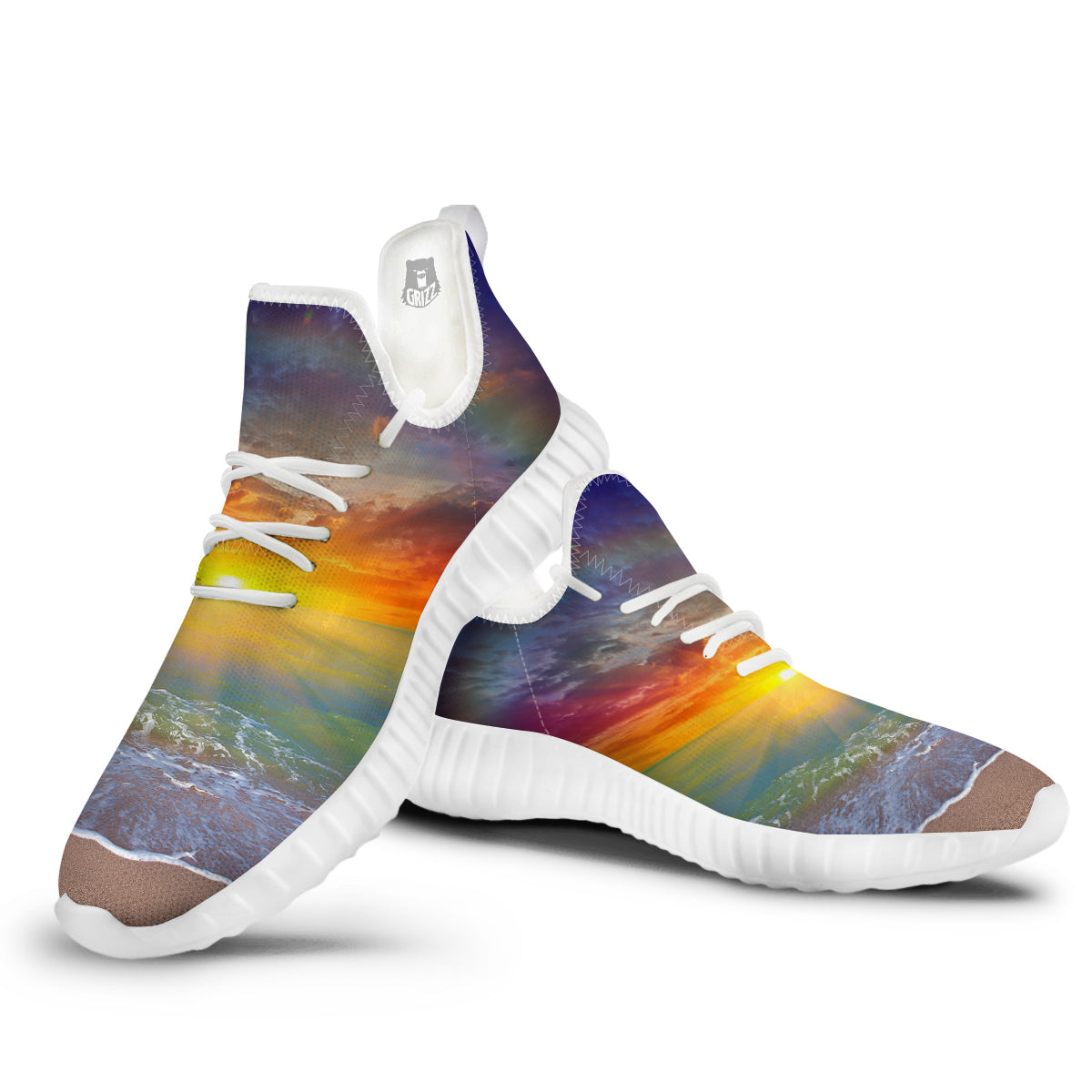 Sunset And Rainbow On Beach Print White Walking Shoes-grizzshop