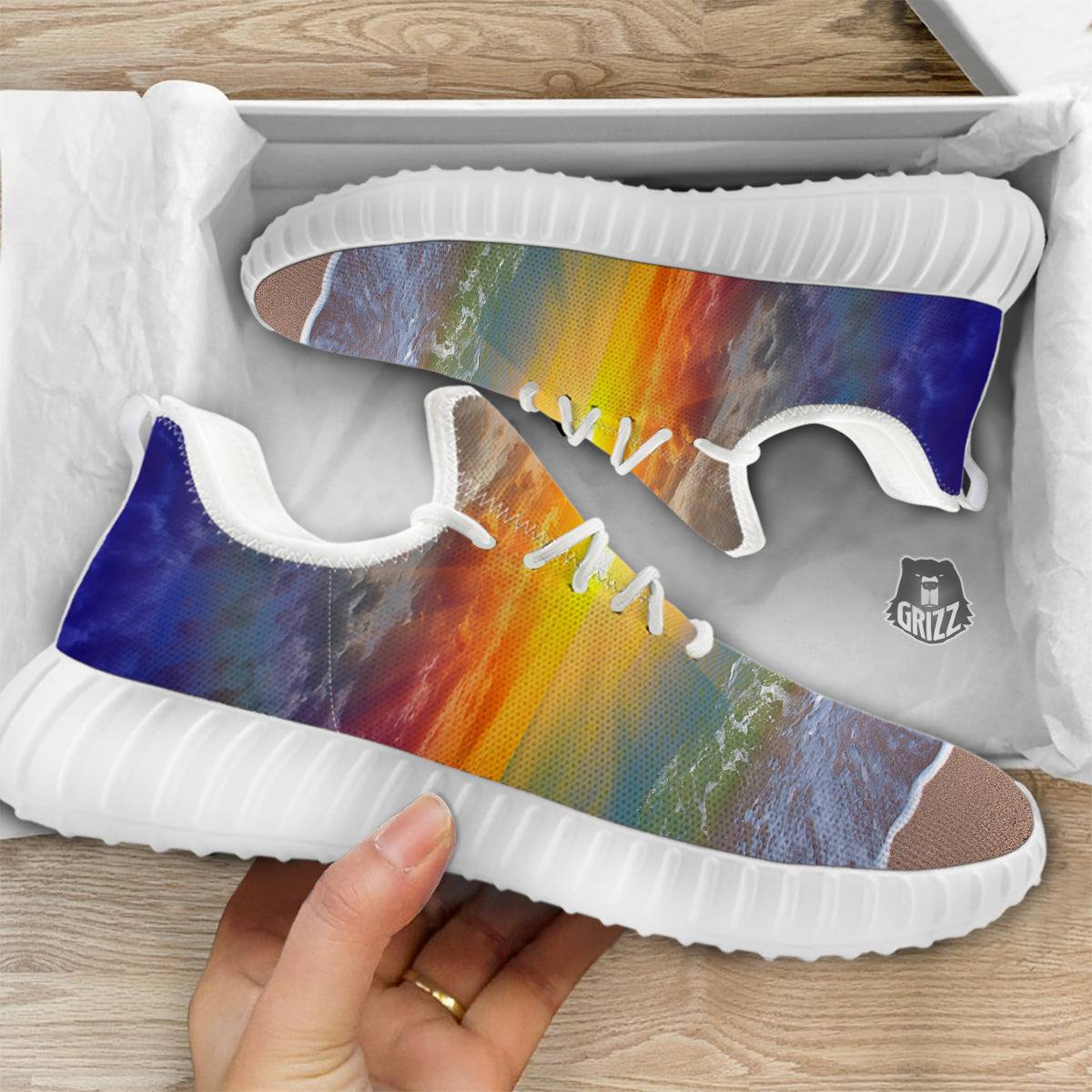 Sunset And Rainbow On Beach Print White Walking Shoes-grizzshop