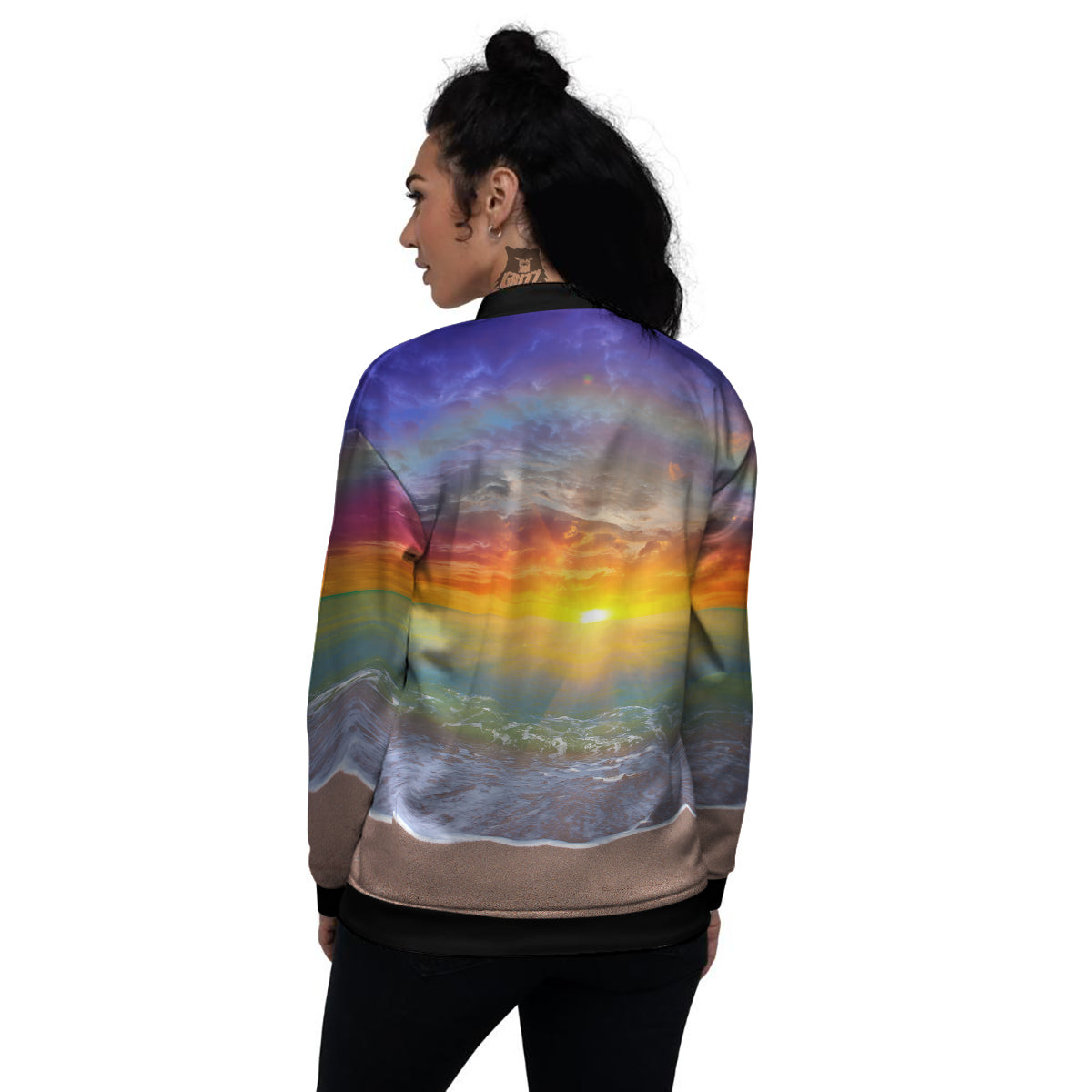 Sunset And Rainbow On Beach Print Women's Bomber Jacket-grizzshop