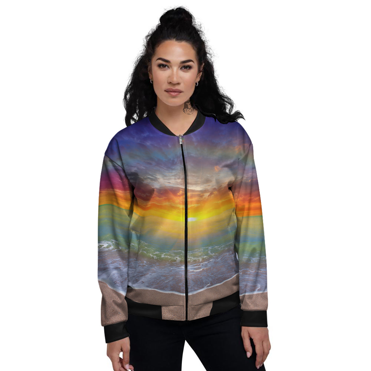 Sunset And Rainbow On Beach Print Women's Bomber Jacket-grizzshop