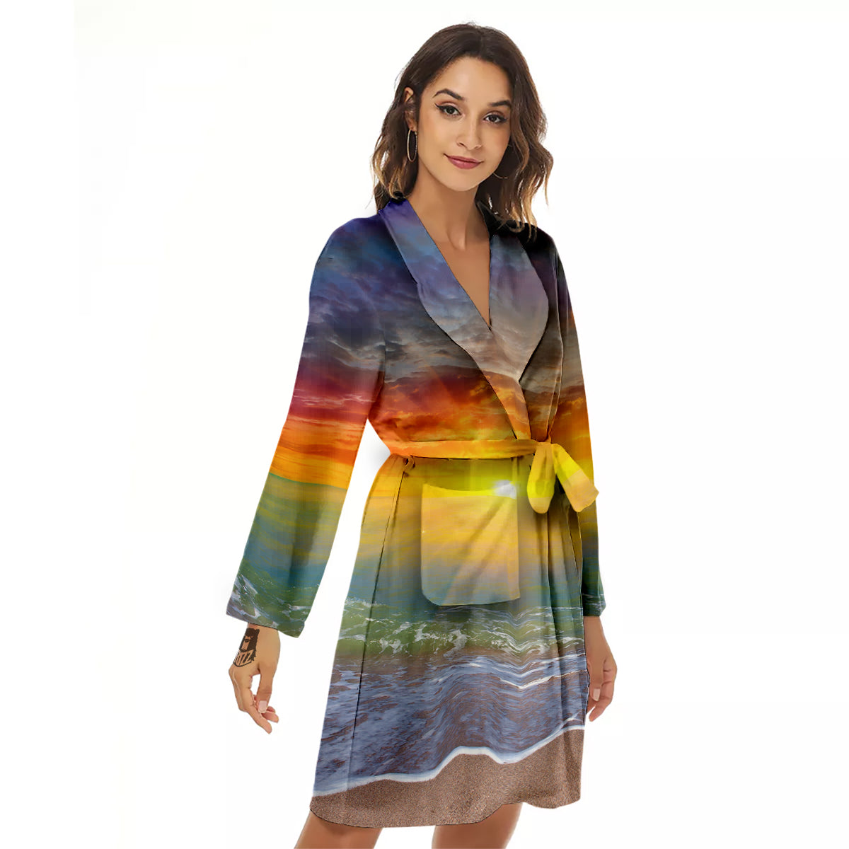 Sunset And Rainbow On Beach Print Women's Robe-grizzshop