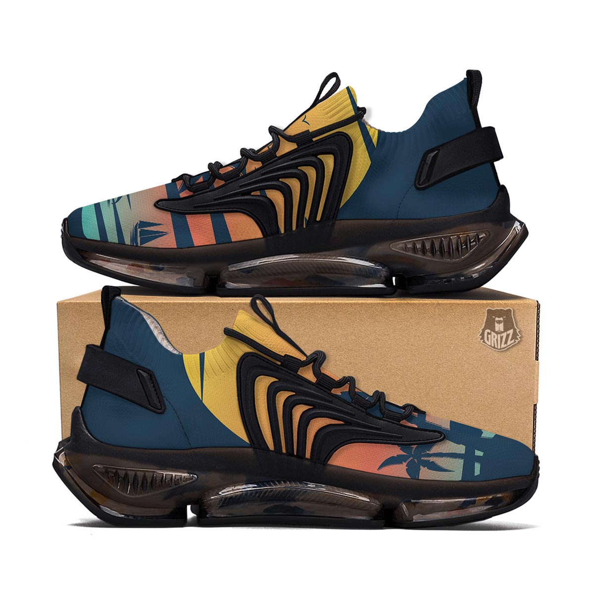 Sunset Beach Tropical Print Black Gym Shoes-grizzshop