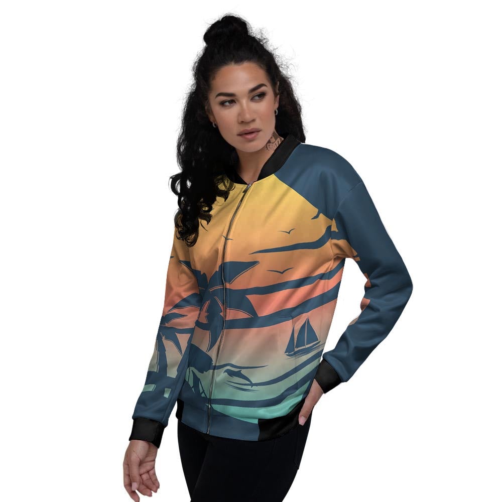 Sunset Beach Tropical Print Women's Bomber Jacket-grizzshop