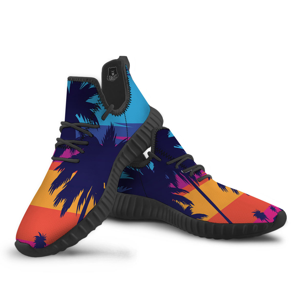 Sunset On The Beach And Palm Trees Print Black Walking Shoes-grizzshop