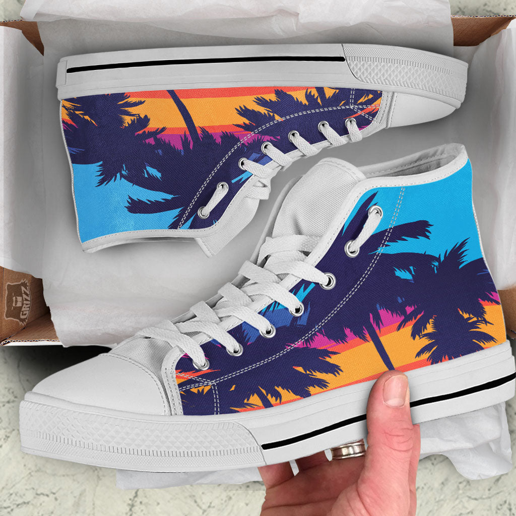 Sunset On The Beach And Palm Trees Print White High Top Shoes-grizzshop