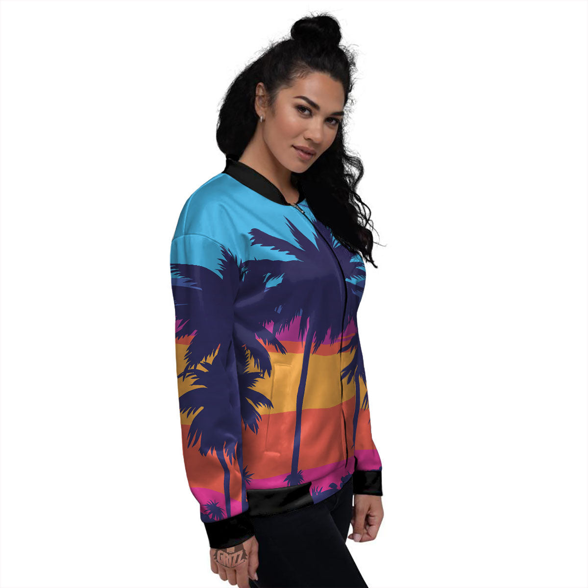 Sunset On The Beach And Palm Trees Print Women's Bomber Jacket-grizzshop