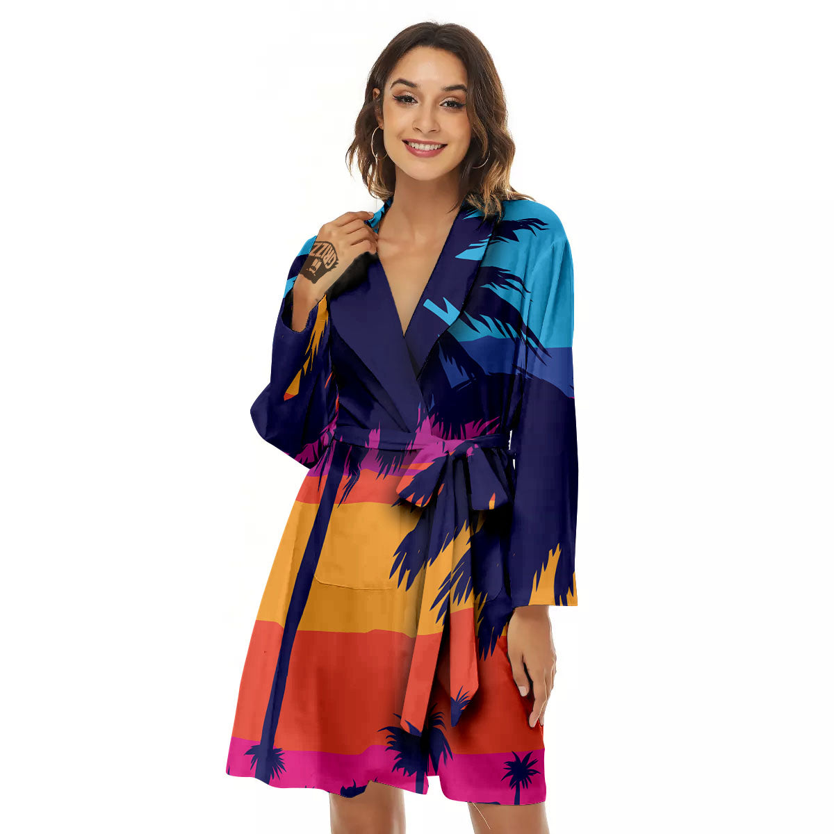 Sunset On The Beach And Palm Trees Print Women's Robe-grizzshop