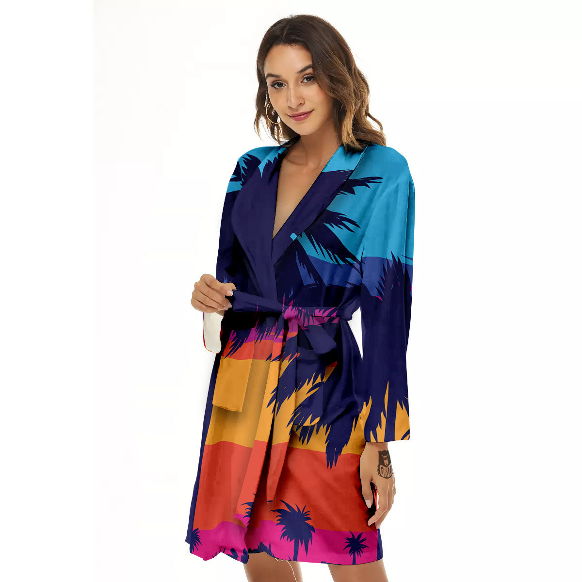 Sunset On The Beach And Palm Trees Print Women's Robe-grizzshop