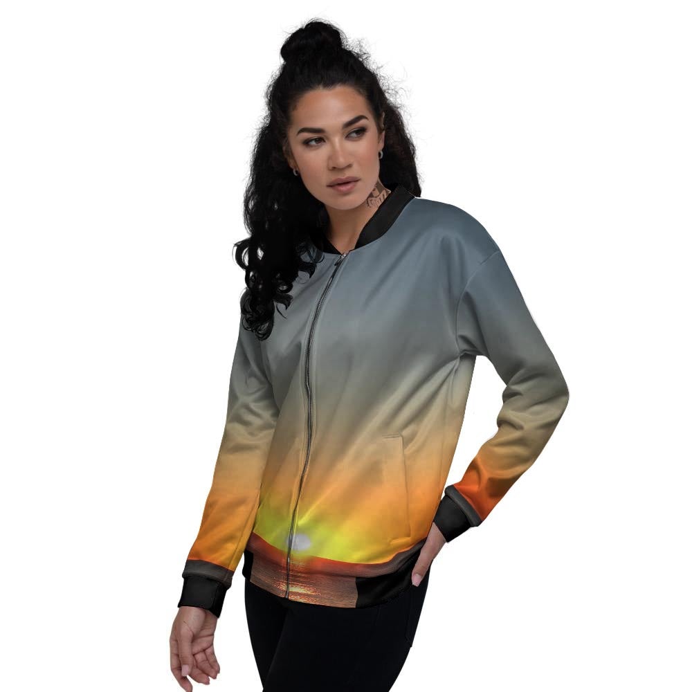 Sunset Over Sea Print Women's Bomber Jacket-grizzshop