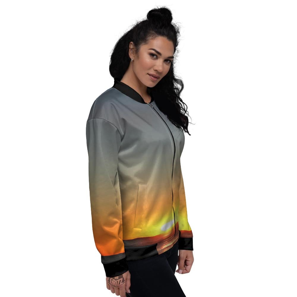 Sunset Over Sea Print Women's Bomber Jacket-grizzshop