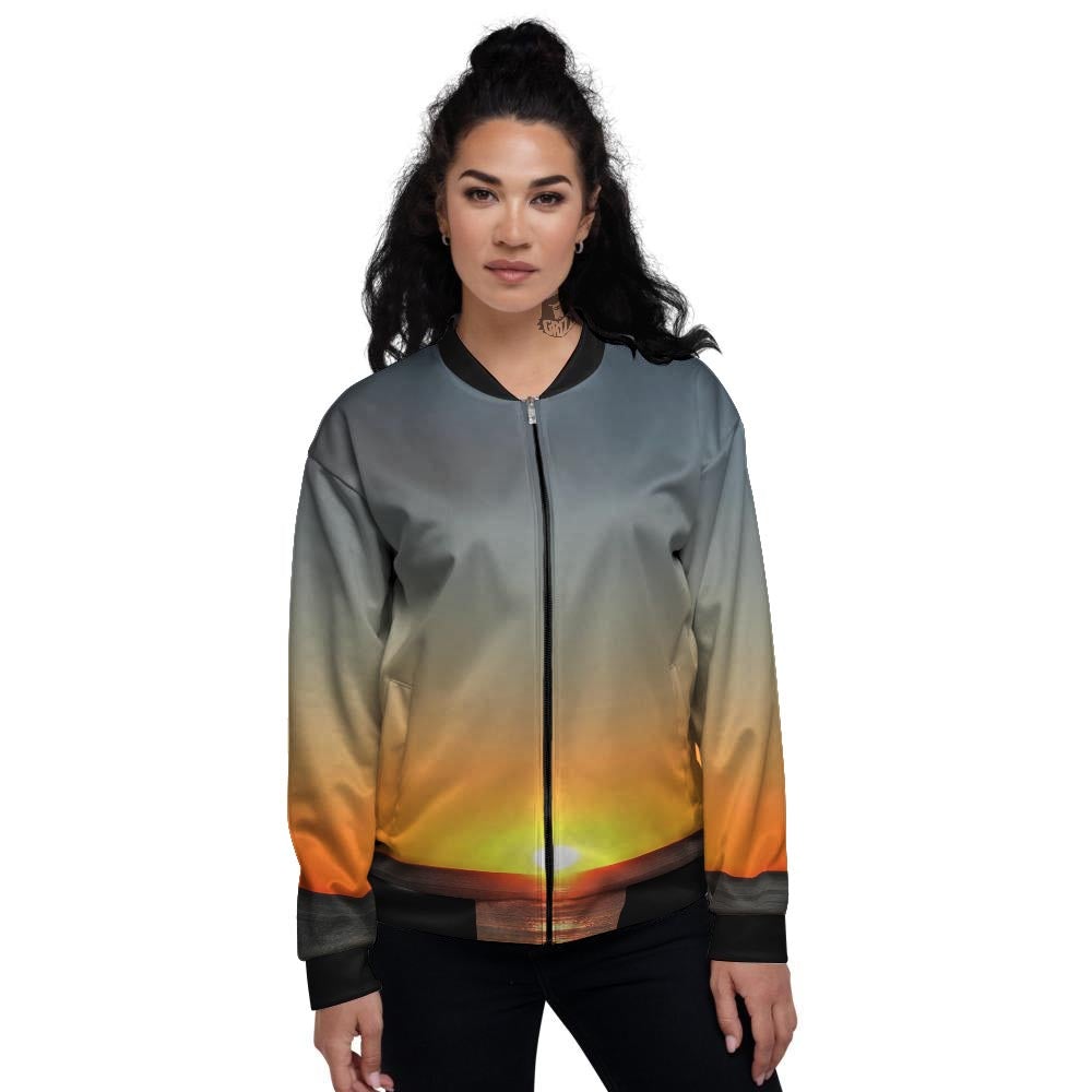 Sunset Over Sea Print Women's Bomber Jacket-grizzshop