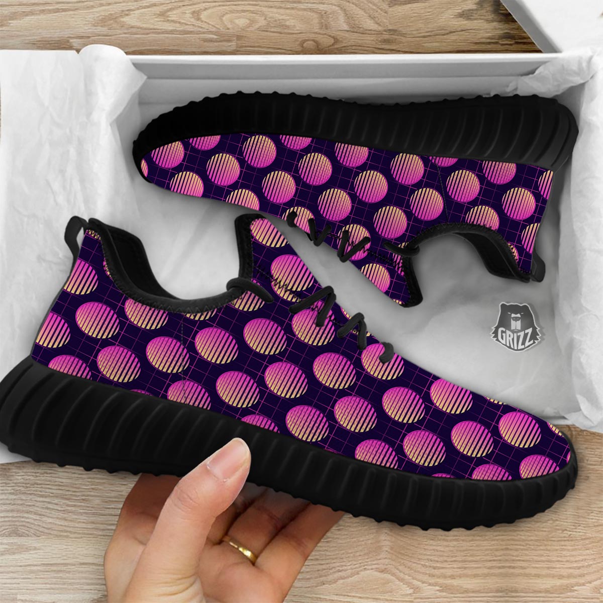 Sunset Retrowave Print Pattern Black Walking Shoes-grizzshop