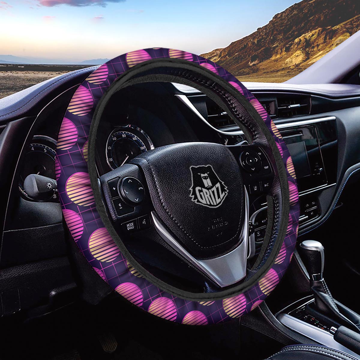 Sunset Retrowave Print Pattern Car Steering Wheel Cover-grizzshop