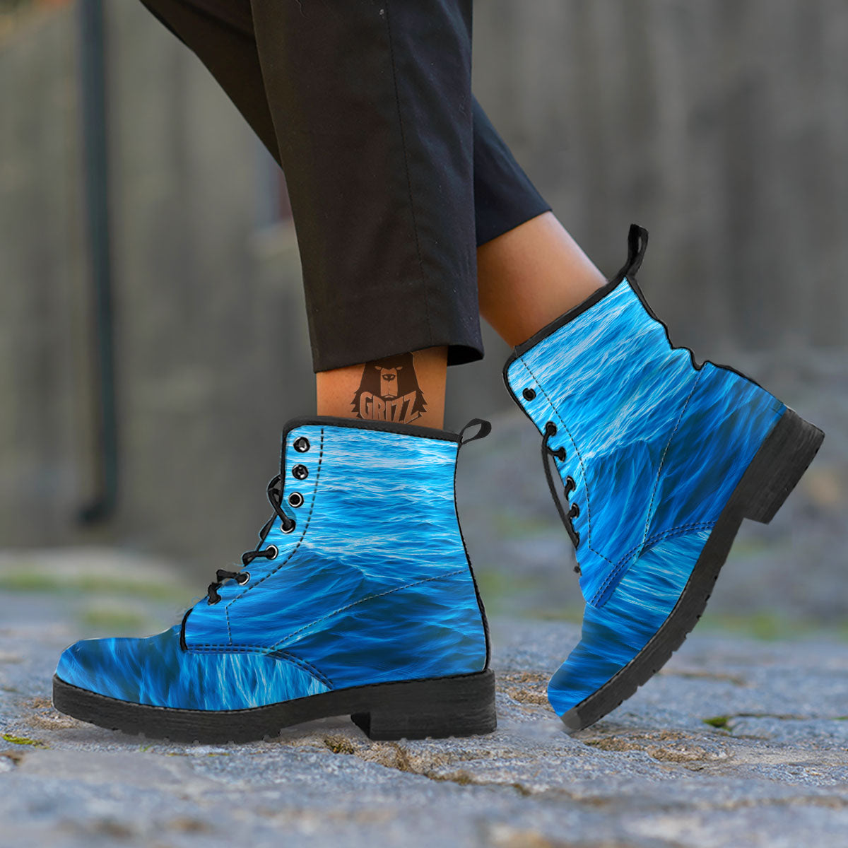 Surface Ocean Print Leather Boots-grizzshop