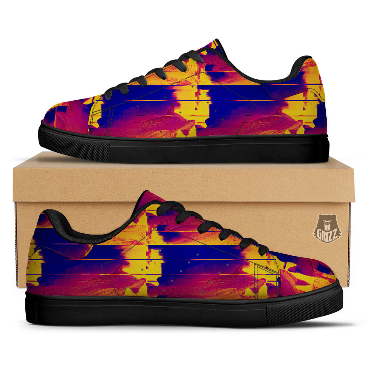 Surface Psychedelic Print Pattern Black Low Top Sneakers-grizzshop
