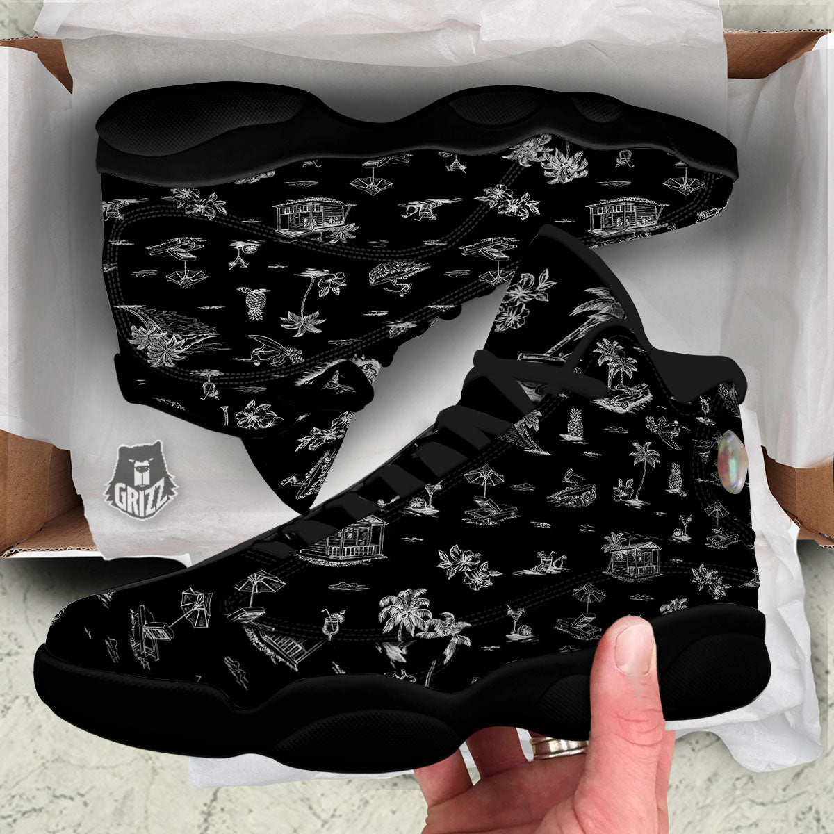 Surfing Black White Print Pattern Black Basketball Shoes-grizzshop