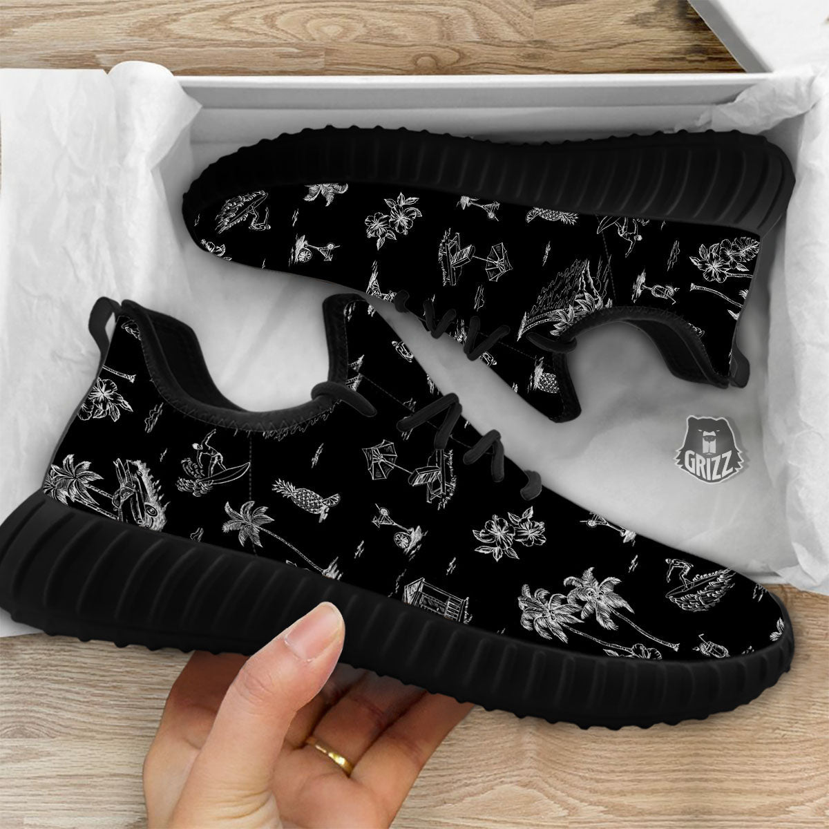 Surfing Black White Print Pattern Black Walking Shoes-grizzshop