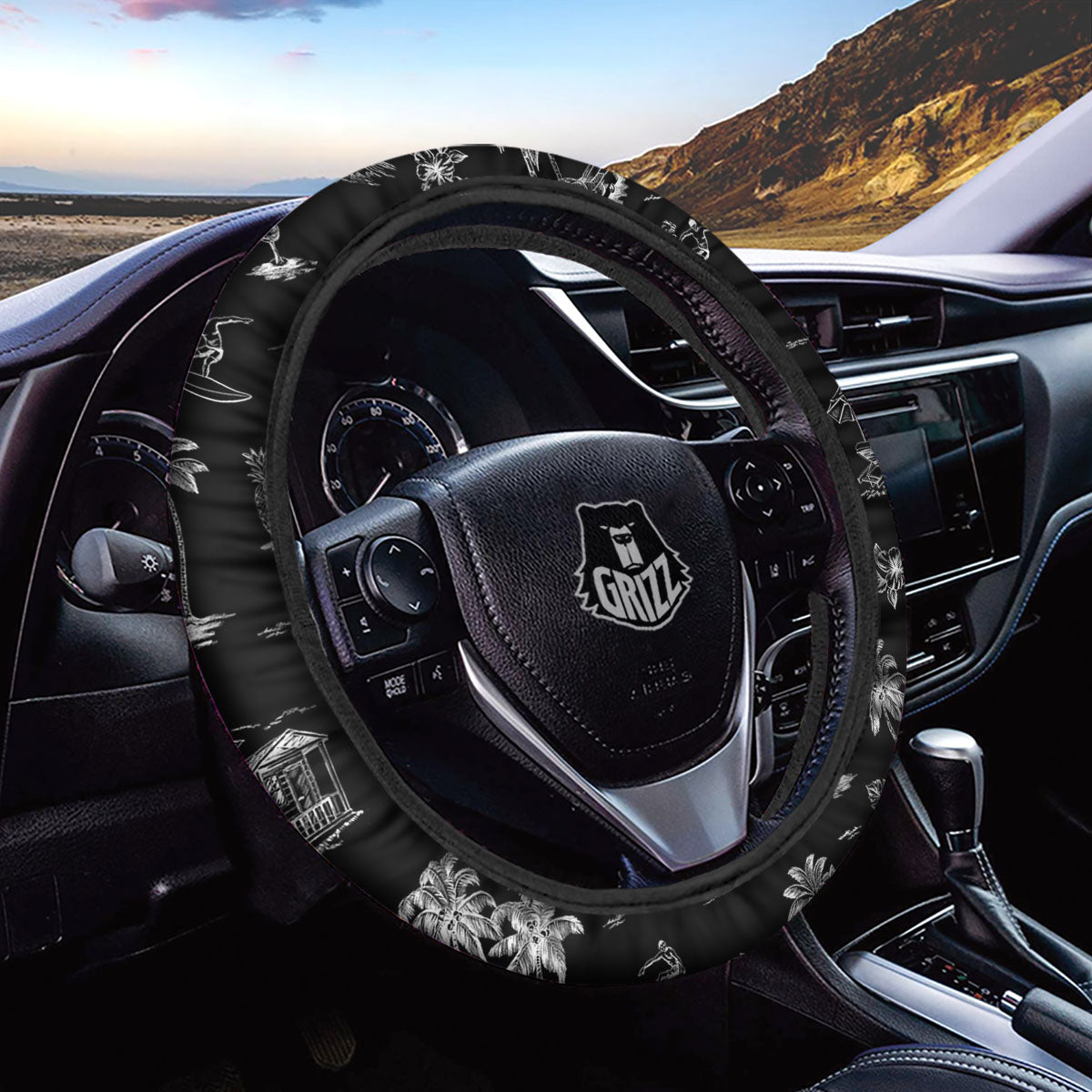 Surfing Black White Print Pattern Car Steering Wheel Cover-grizzshop