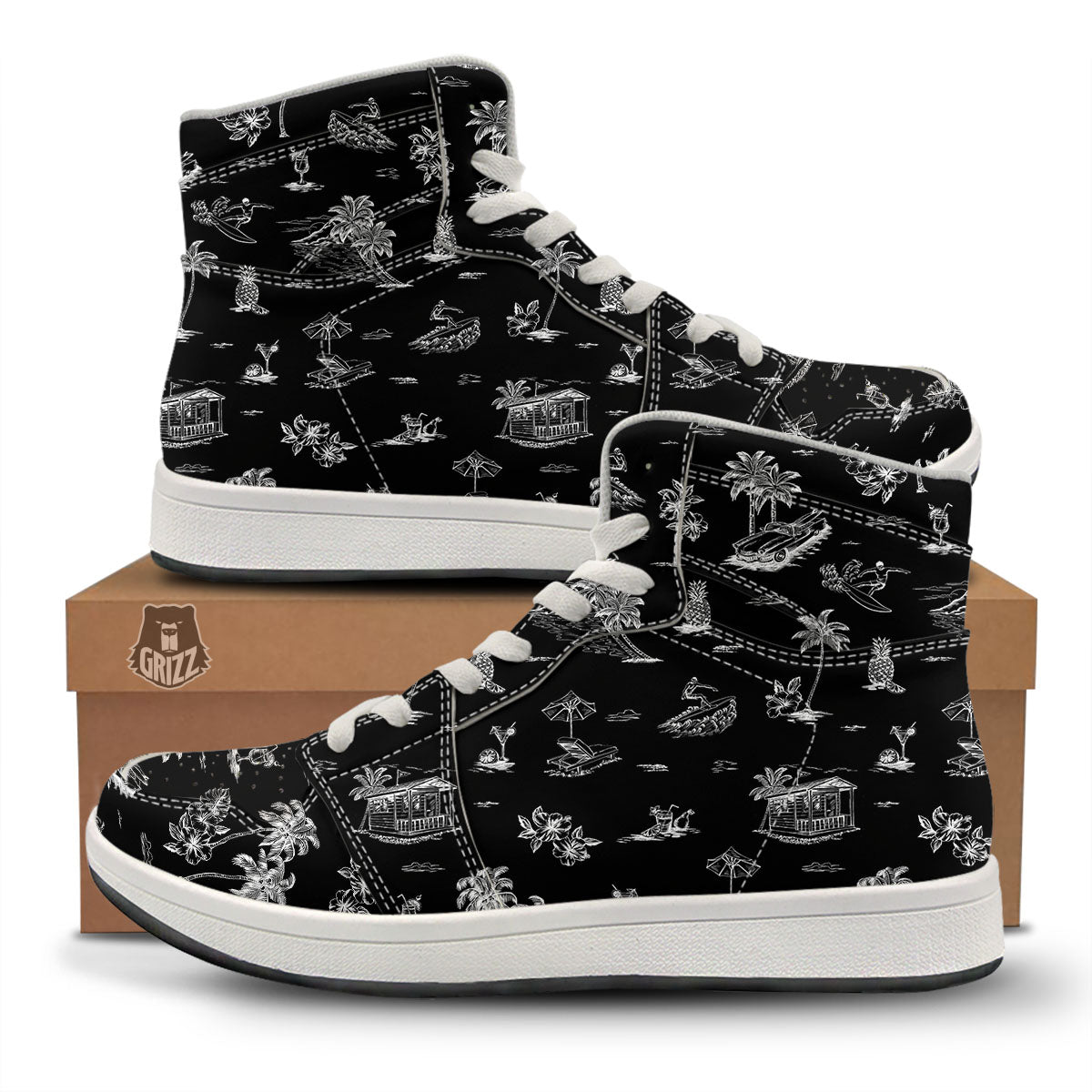 Surfing Black White Print Pattern High Top Sneakers-grizzshop