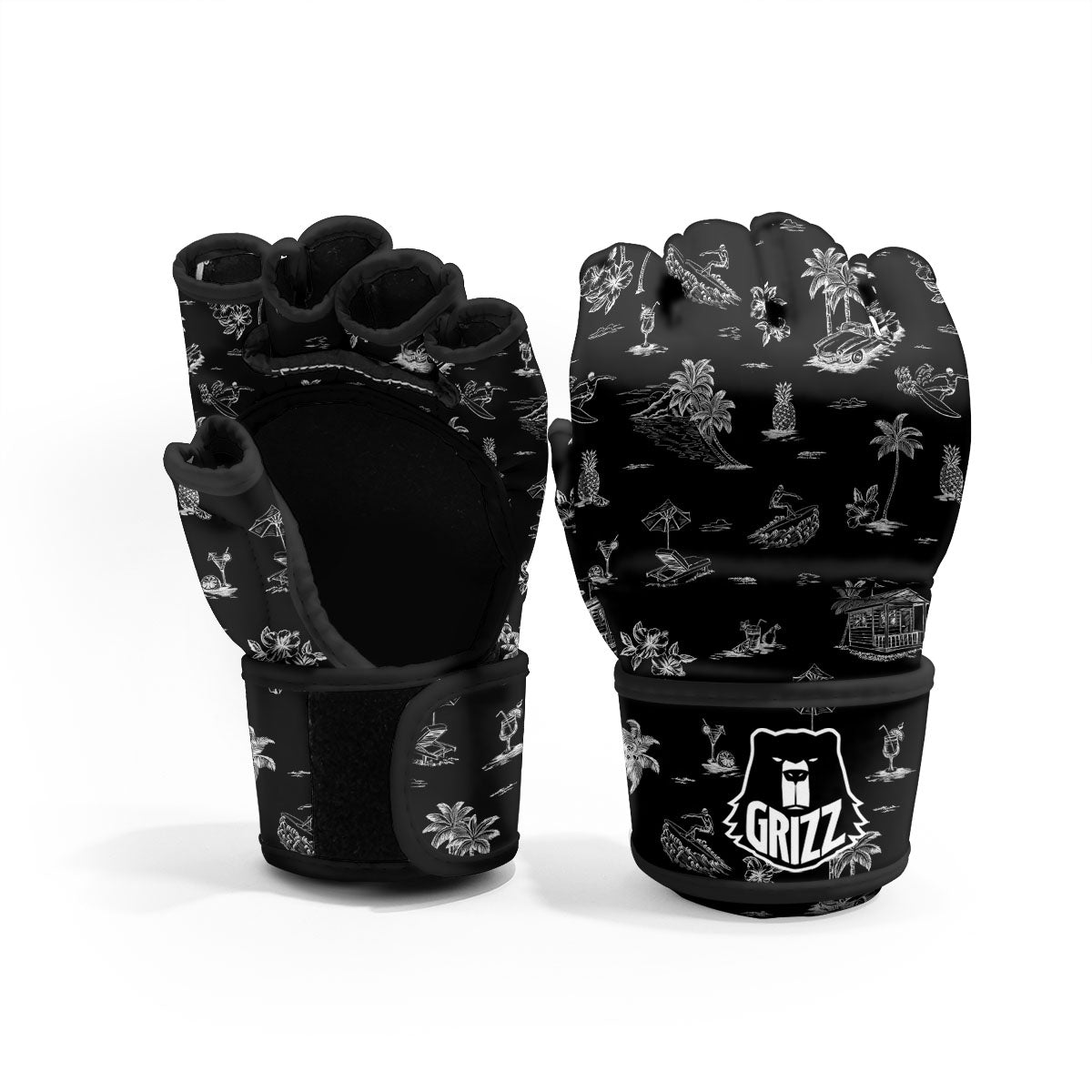 Surfing Black White Print Pattern MMA Gloves-grizzshop