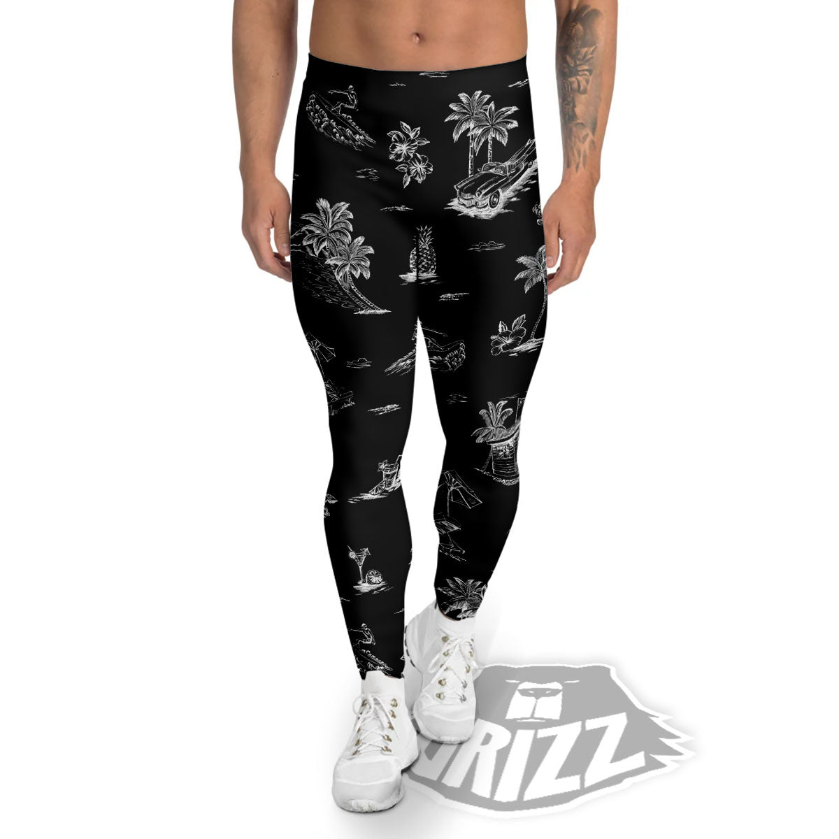 Surfing Black White Print Pattern Men's Leggings-grizzshop
