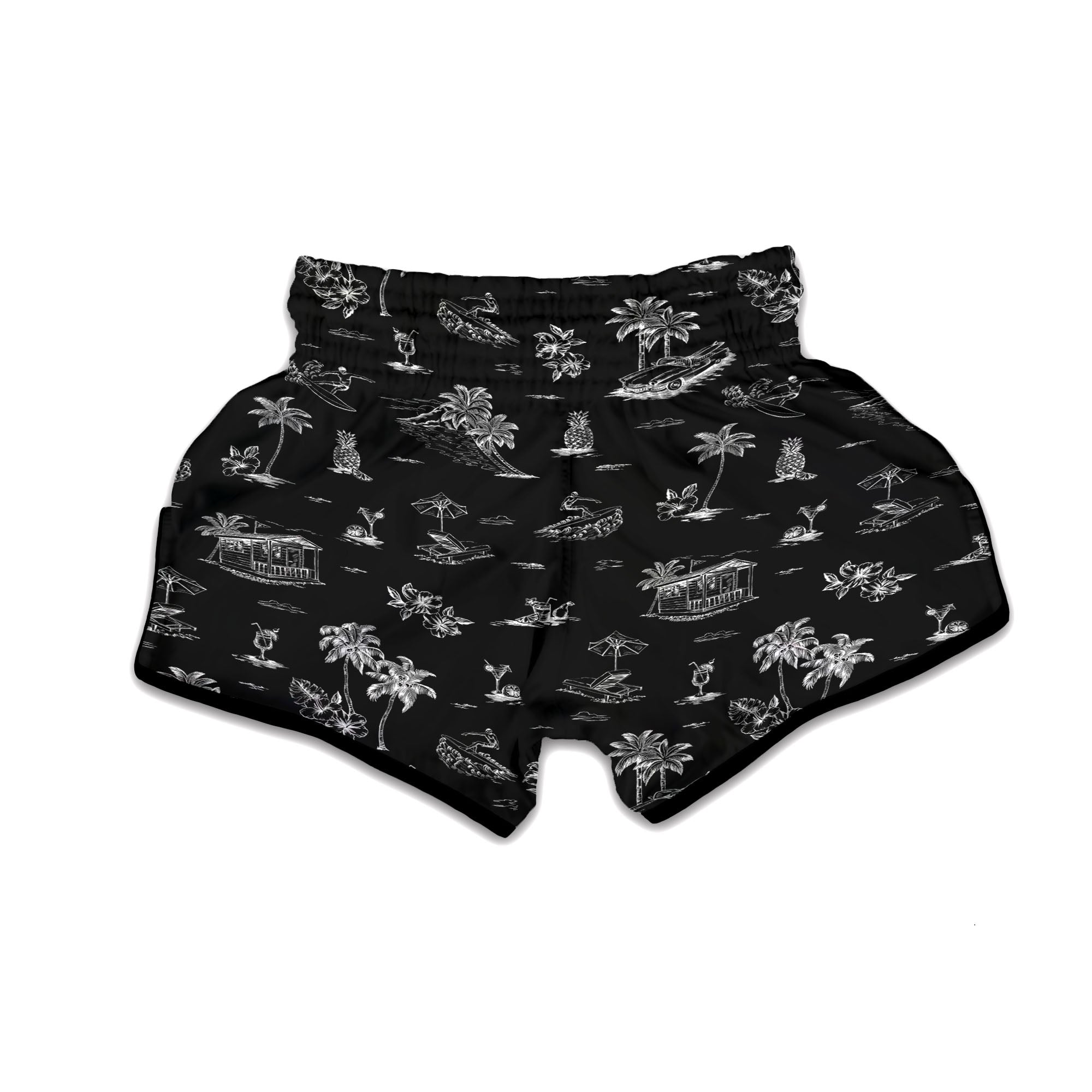 Surfing Black White Print Pattern Muay Thai Boxing Shorts-grizzshop