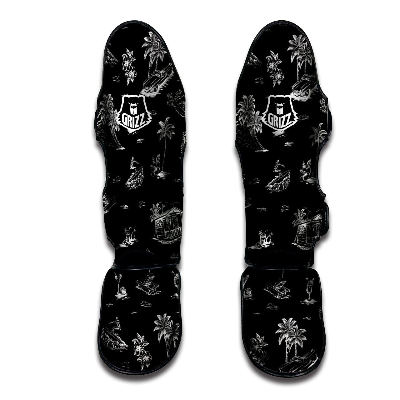 Surfing Black White Print Pattern Muay Thai Shin Guards-grizzshop