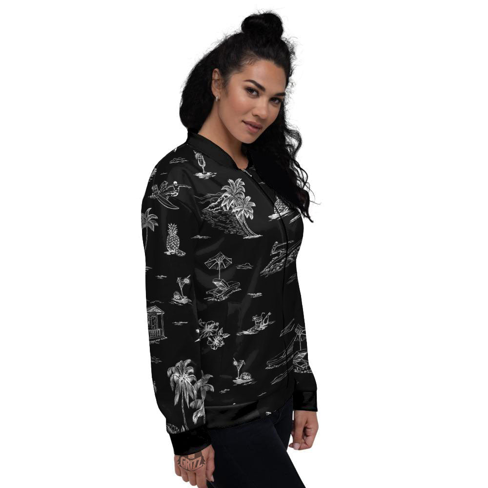 Surfing Black White Print Pattern Women's Bomber Jacket-grizzshop